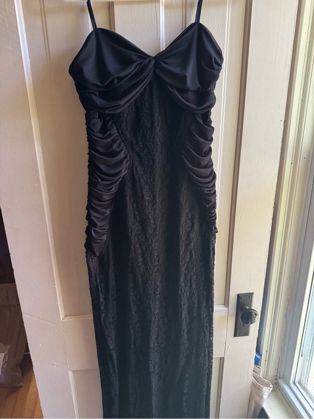 Black Lace Ruched Evening Gown with Spaghetti Straps